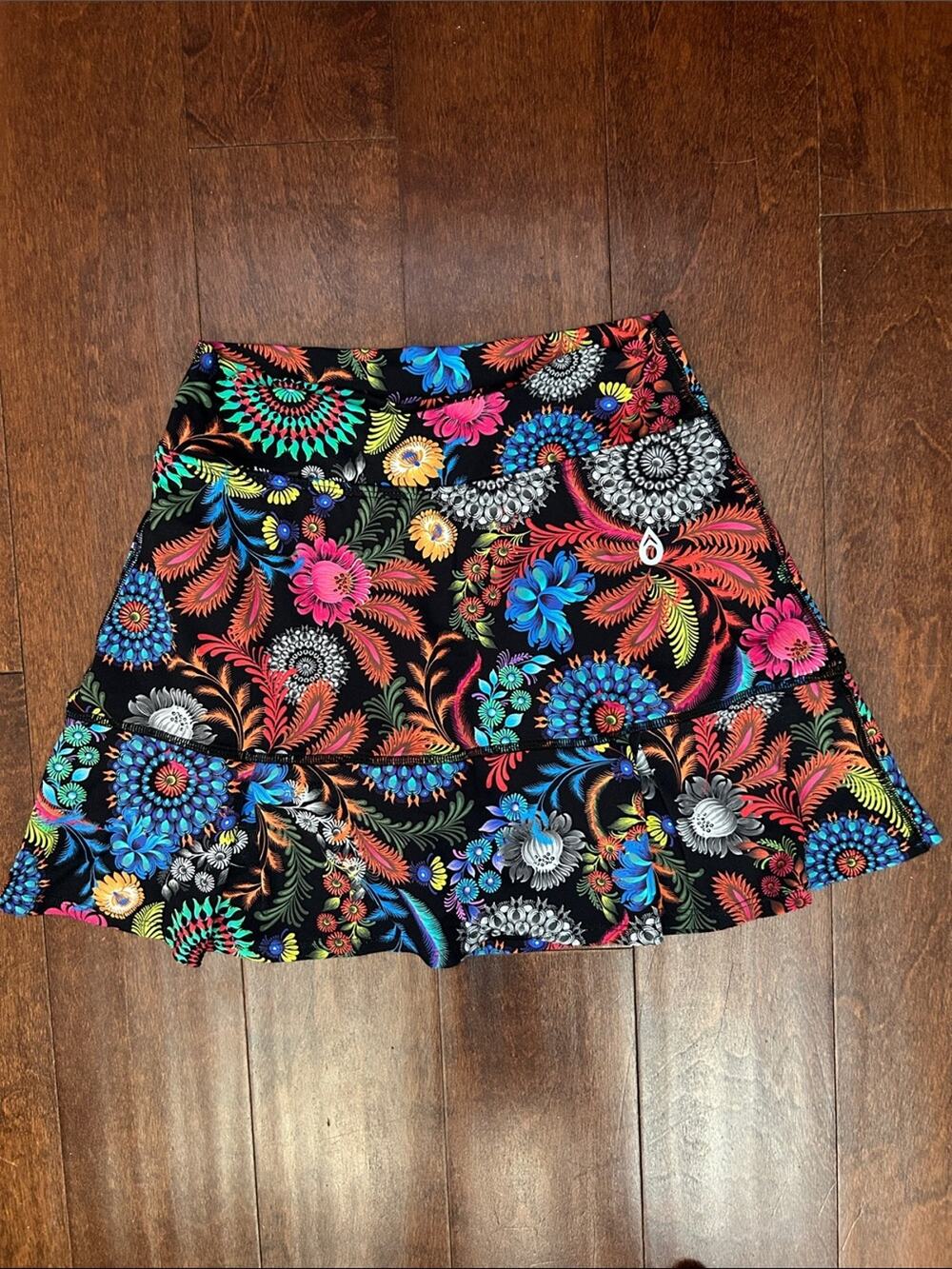 Dona Jo Black Floral Circle Skort with Vibrant Multicolor Print, Size 1 (Small)